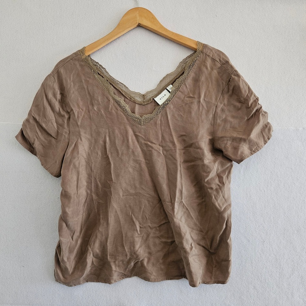 Vila Vileslie Lace Trim V-Neck Top Taupe Brown Cupro Lyocell Blouse EU 38